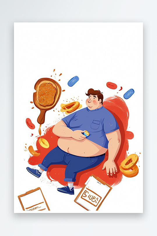 卡通手绘胖子暴饮暴食步世界糖尿病日插画