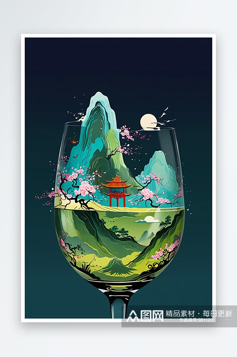 酒杯中的千里江山中风插画素材