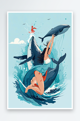 鲸鱼和女孩创意海洋插画二