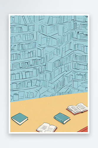 简单的图书馆很多书架散落的书背景插画
