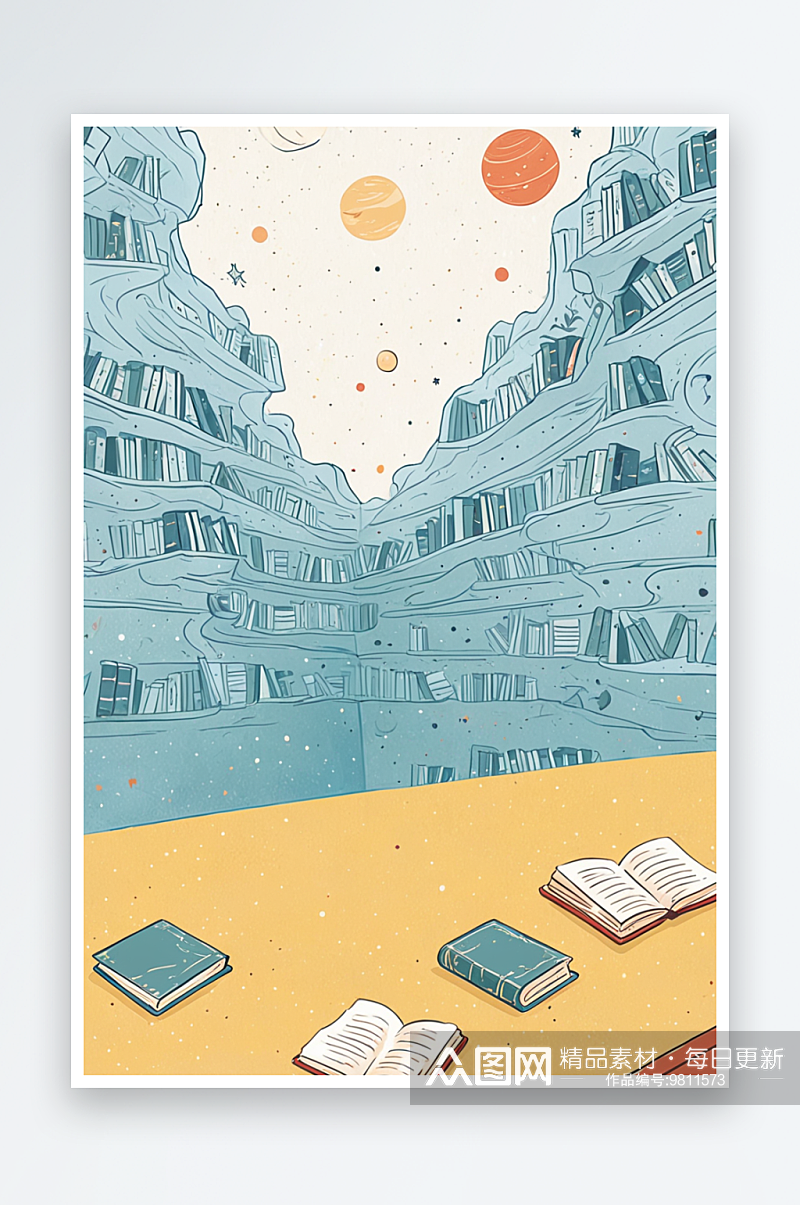 简单的图书馆很多书架幻想小宇宙背景插画素材