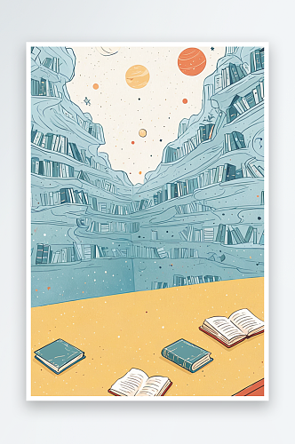 简单的图书馆很多书架幻想小宇宙背景插画