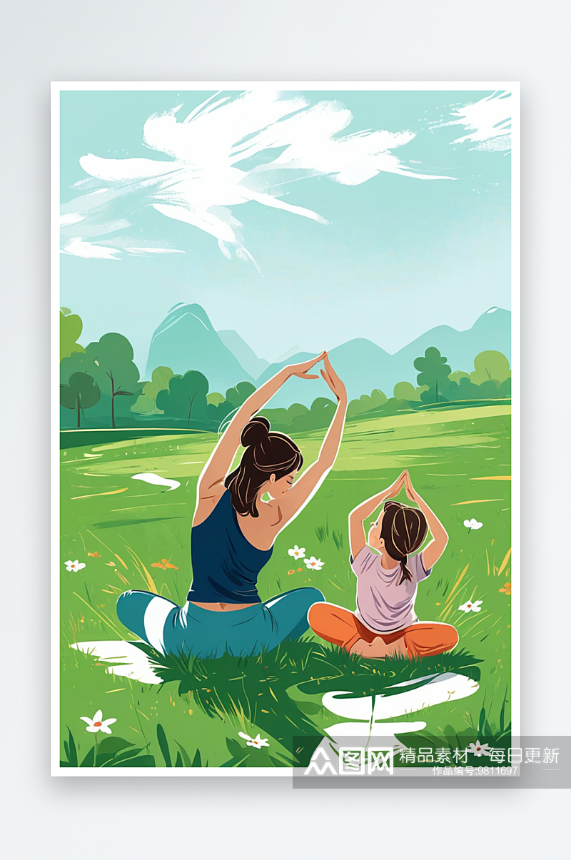 际瑜伽日清晨草地上做瑜伽的母女素材