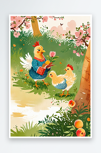 绘本插画母鸡小鸡系列桃花园下母鸡给小鸡讲