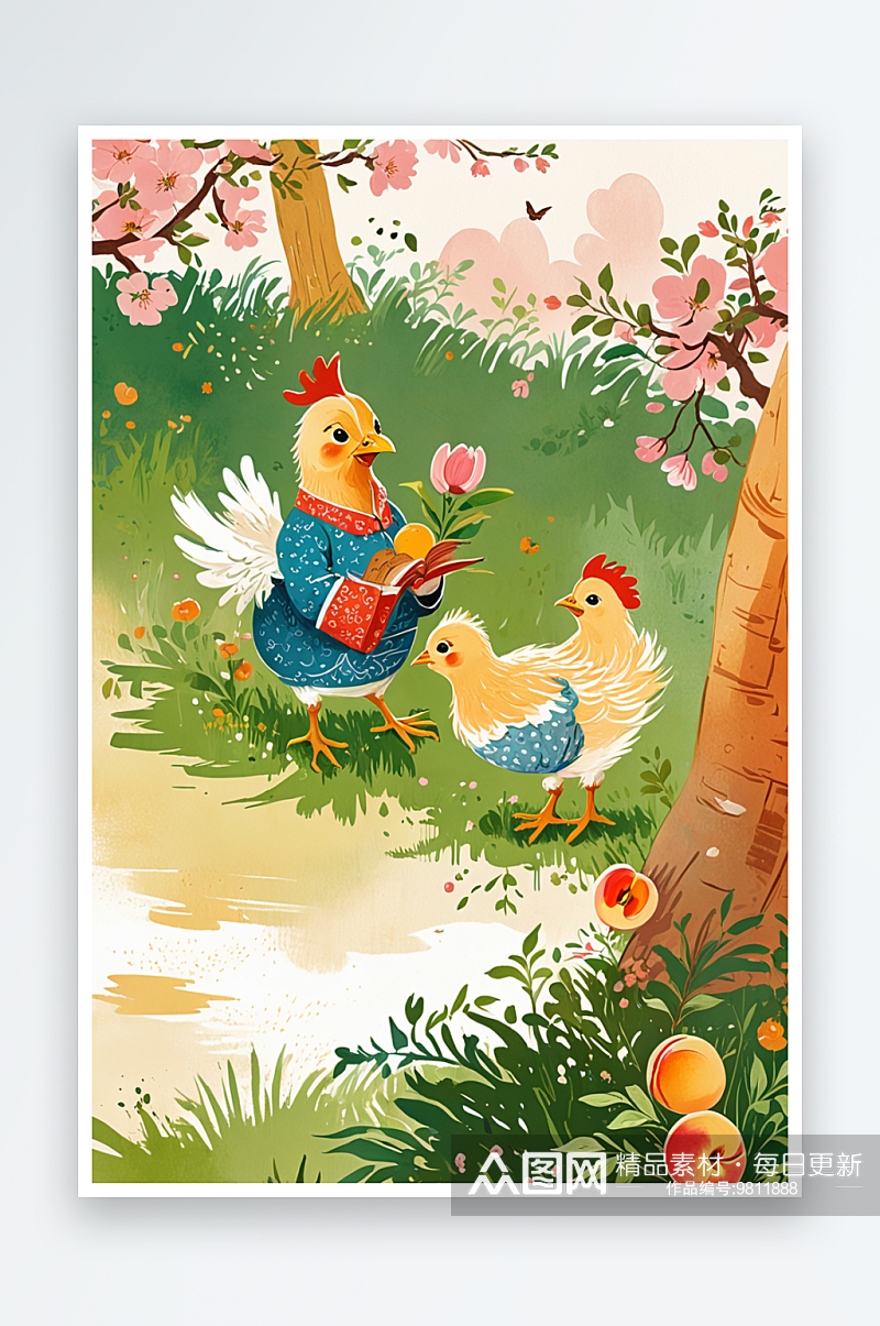 绘本插画母鸡小鸡系列桃花园下母鸡给小鸡讲素材