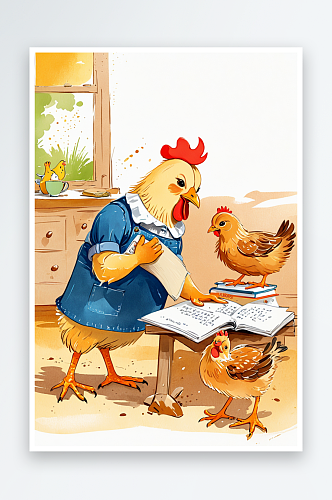 绘本插画母鸡小鸡系列母鸡辅导小鸡做作业