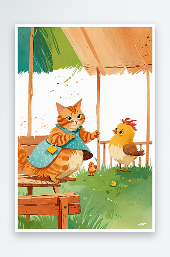 绘本插画母鸡小鸡系列猫给小鸡讲故事