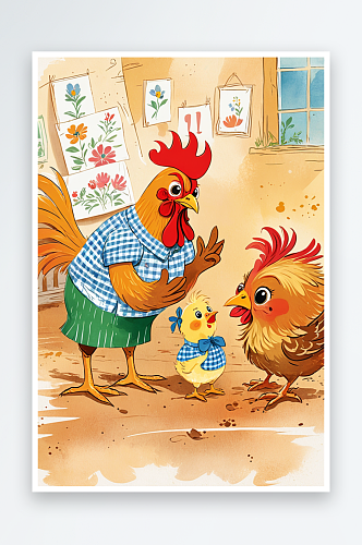 绘本插画母鸡小鸡系列公鸡给小鸡讲故事