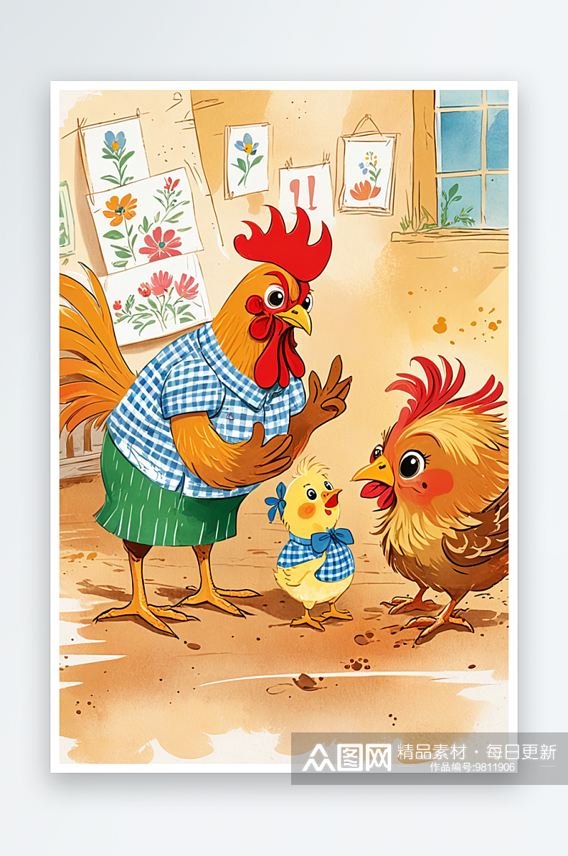 绘本插画母鸡小鸡系列公鸡给小鸡讲故事素材