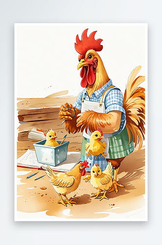 绘本插画母鸡小鸡系列公鸡辅导小鸡做作业