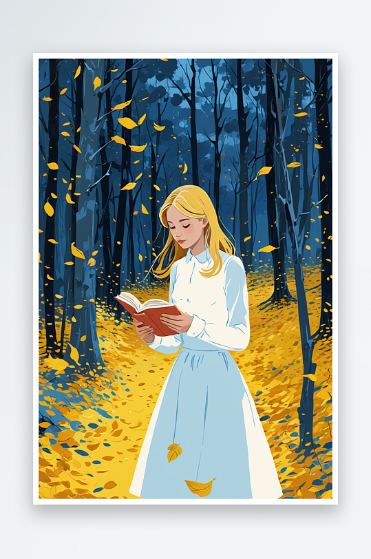 黄色叶子飘落的森林里穿蓝色裙子的读书女孩