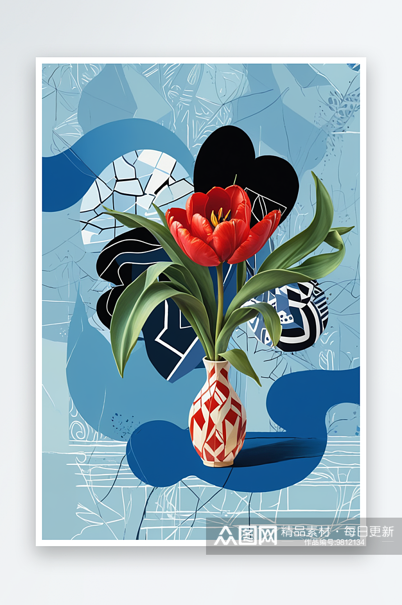 花瓶里的红色郁金香衬着蓝色几何图案的背景素材
