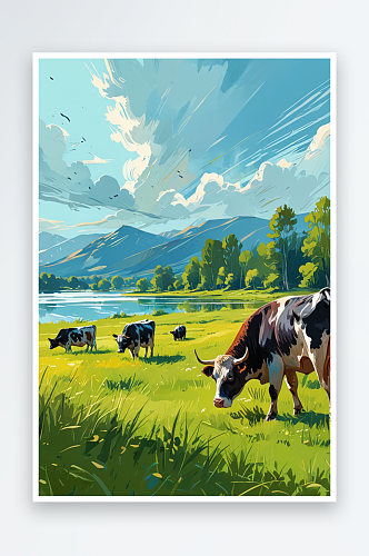 湖边的草原奶牛在吃草
