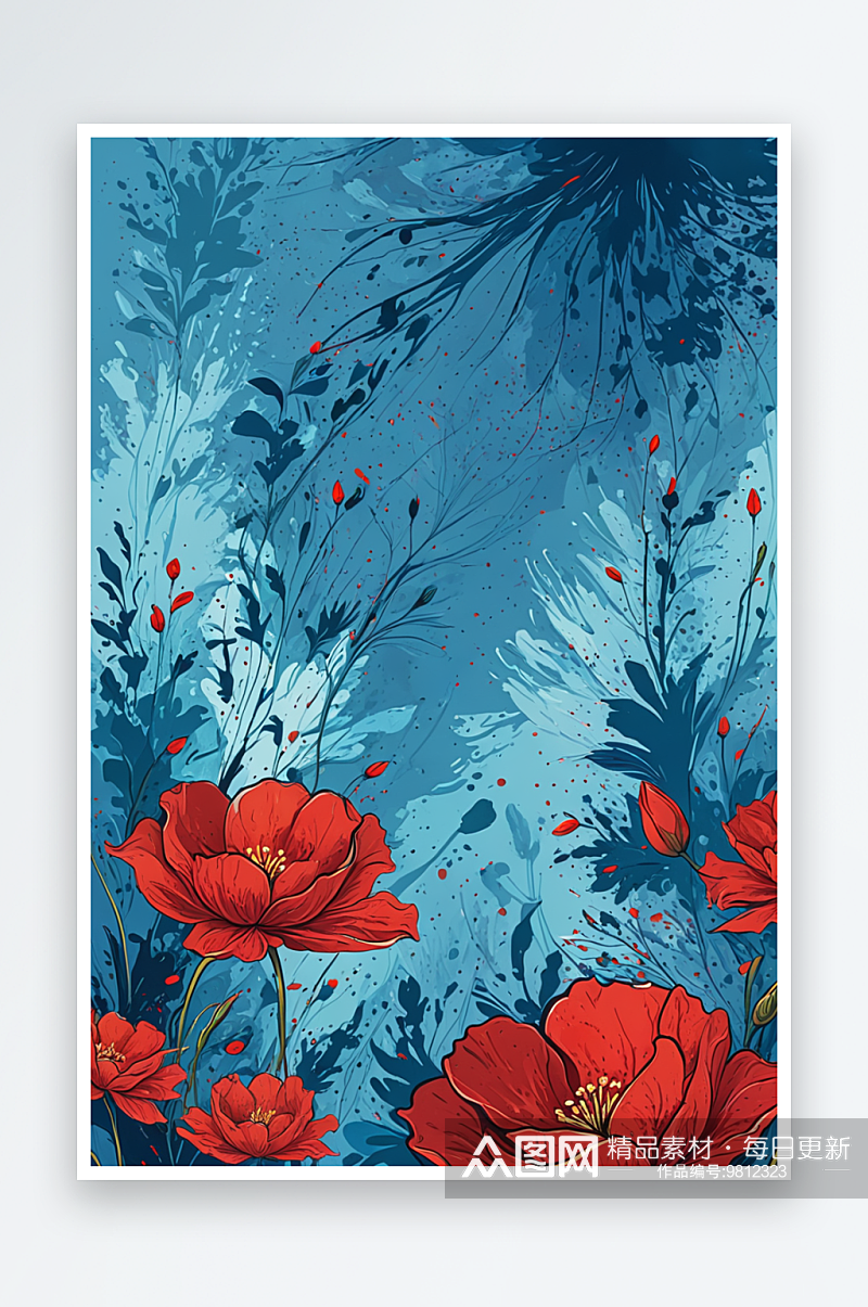 红色的花盛开在蓝色的背景插画素材