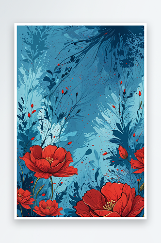 红色的花盛开在蓝色的背景插画