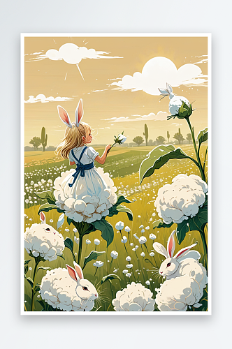 寒露节气户外女孩和兔子在棉花田地玩耍