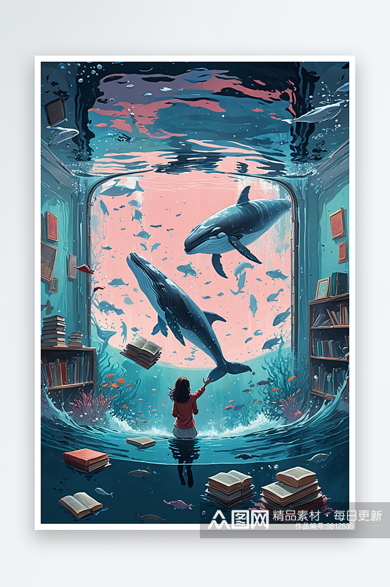海底车厢鲸鱼与看书的女孩素材