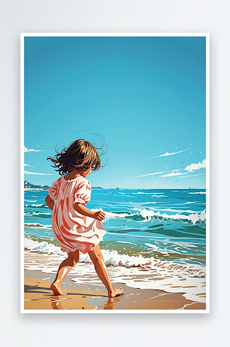 海边沙滩小女孩光脚玩耍