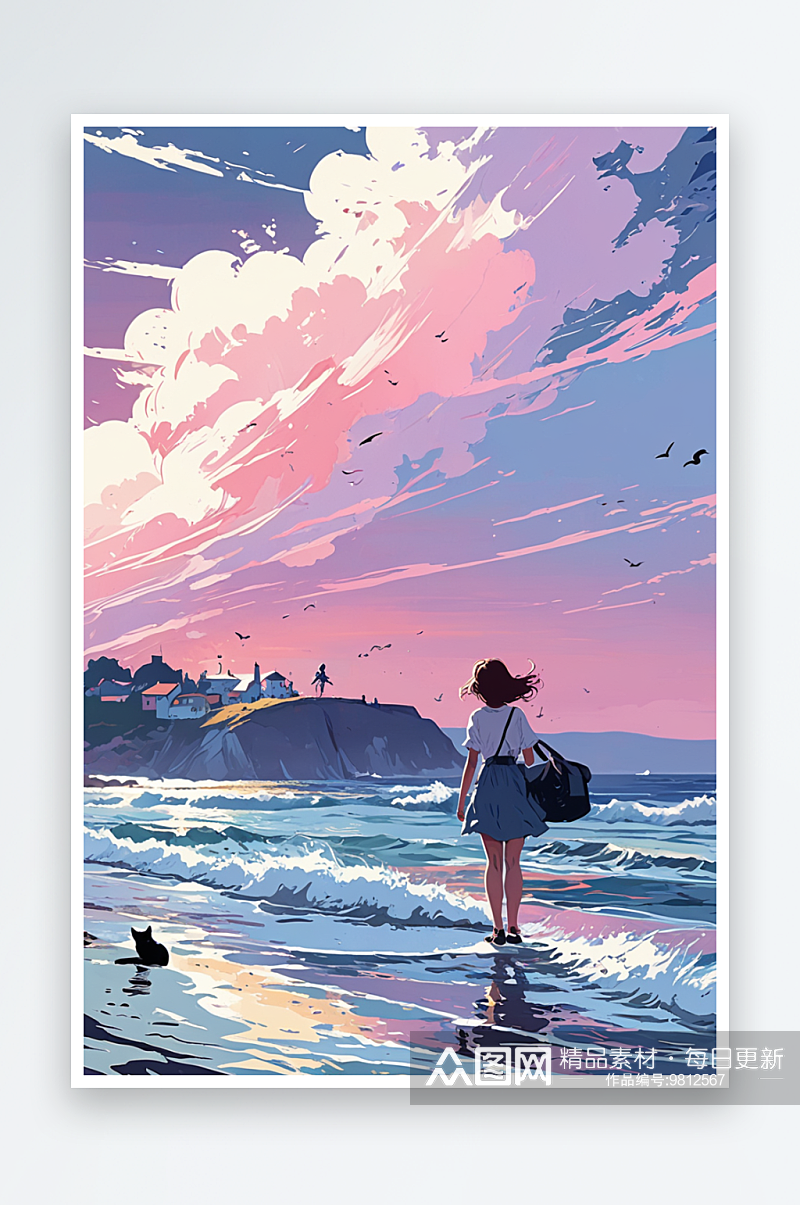 海边看风景的女孩和猫素材