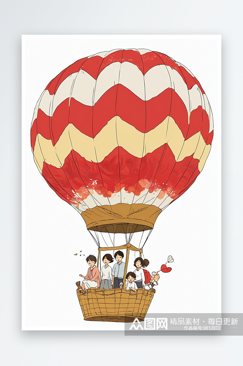 宫崎骏风格白色背景家庭度假热气球节假日黄素材