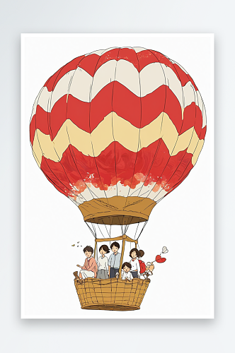 宫崎骏风格白色背景家庭度假热气球节假日黄