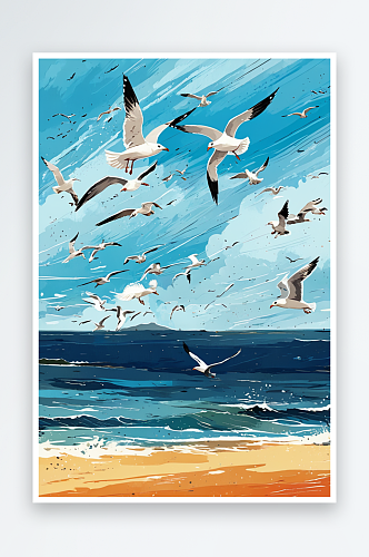 风景插画系列大海上空飞翔的海鸥