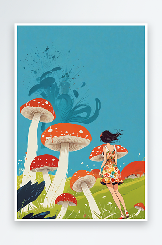 风景插画蘑菇女孩
