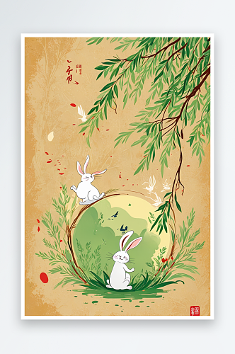 风春天节日节气兔子柳叶吃青团插画壁纸