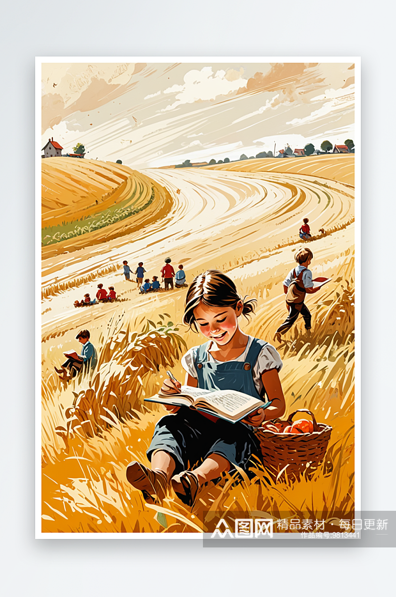 丰收了农村小孩在田野里读书素材