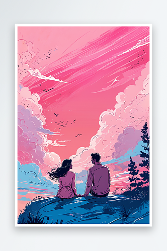 粉色天空下的情侣创意手绘插画