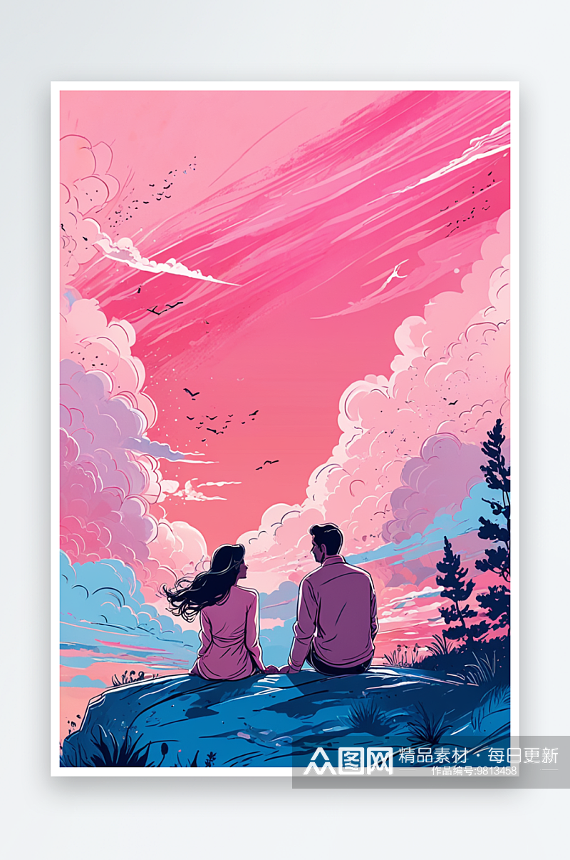 粉色天空下的情侣创意手绘插画素材