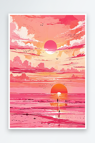 粉色海边浪漫夕阳