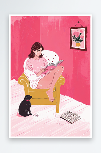 粉色背景房间坐在沙发上读书的温柔女孩