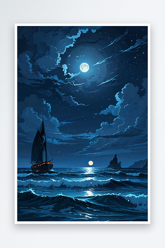 氛围感夜晚海上明月风景插画
