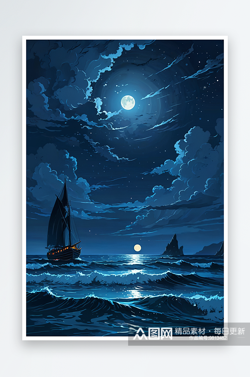 氛围感夜晚海上明月风景插画素材