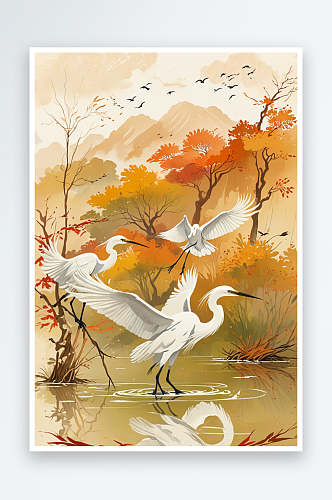 二十四节气秋季风景画白鹭鸟