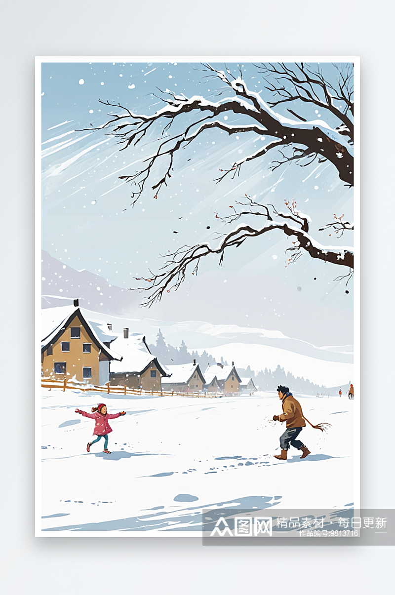 二十四节气的冬天父女在雪地玩耍素材