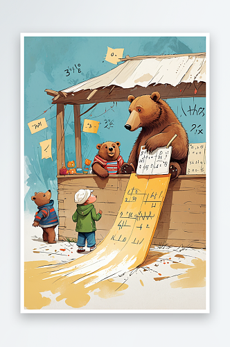 儿童与熊学习交流卖数学插画