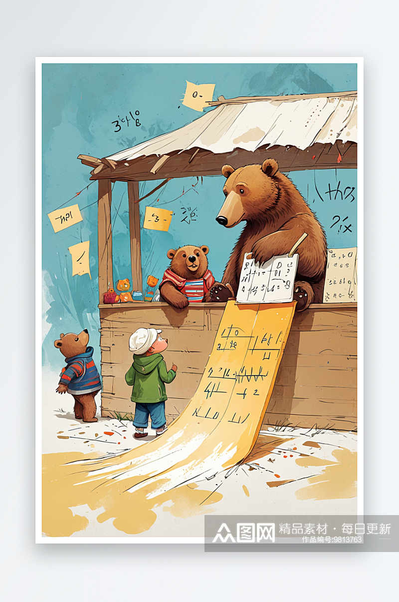 儿童与熊学习交流卖数学插画素材