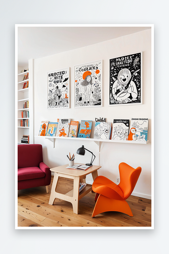 儿童书籍在壁挂式书架上漫画海报和大胆的橙