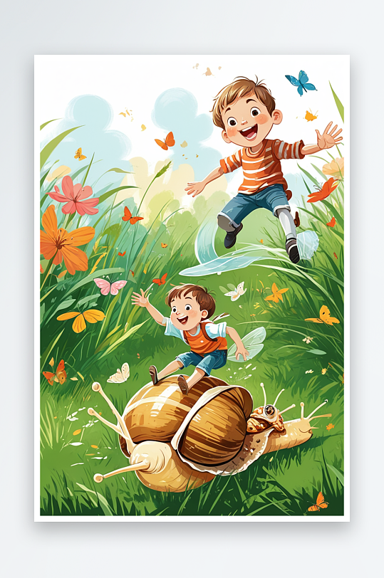 儿童节草丛中骑在蜗牛上捕蝴蝶的男孩插画
