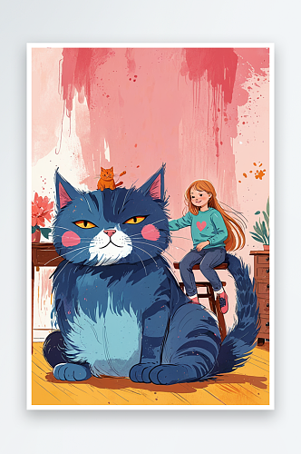 儿童插画坐在猫尾巴上的女孩