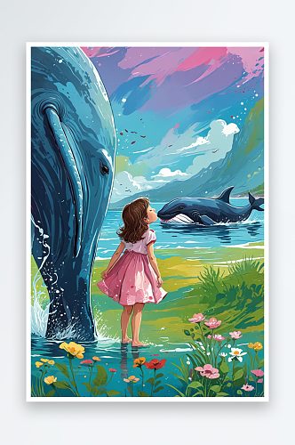 儿童插画亲吻鲸鱼的小女孩