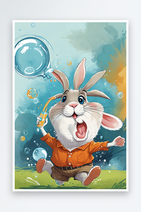 儿童插画动物系列吹泡泡的兔子