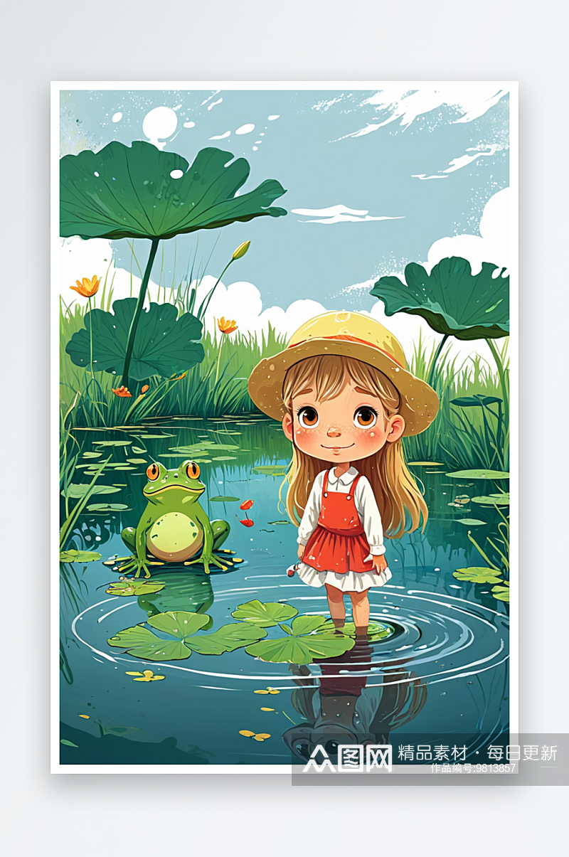 儿童插画池塘小女孩和青蛙素材