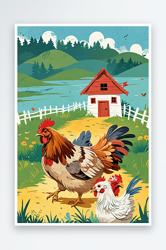 动物大世界插画系列鸡一家人出去散步