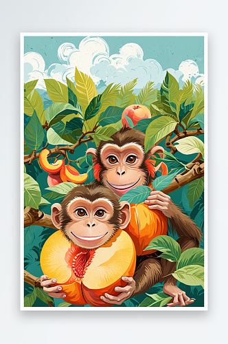 动物大世界插画系列猴子吃桃