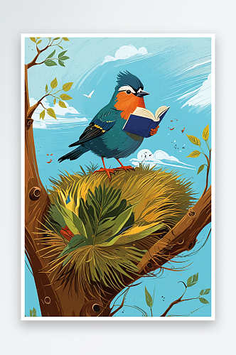 动物插画系列作品共幅在家里看书的鸟