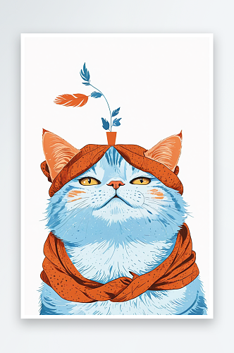 动物插画系列作品共幅头顶盆栽的猫