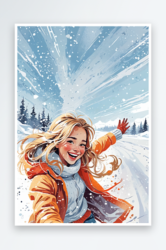 冬天雪地里快乐的女孩